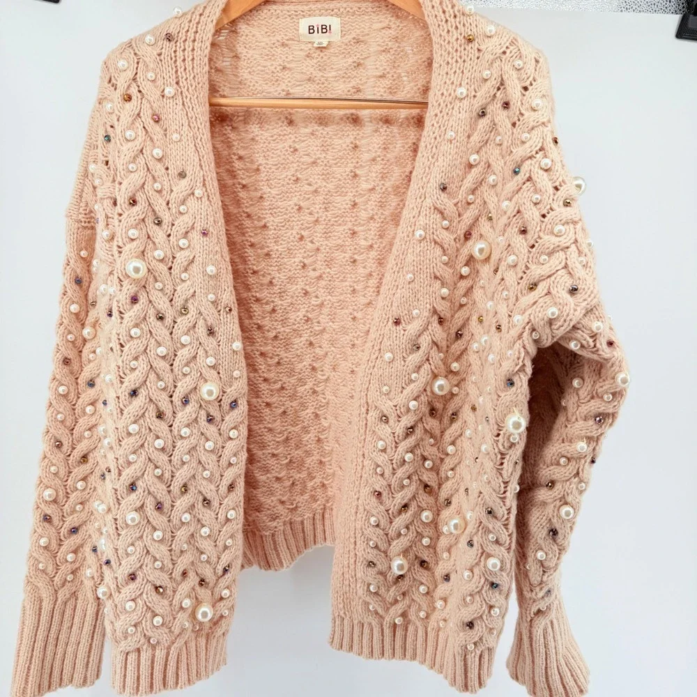 Beautiful BIBI Women's Cream Pearl Embellished Cable Knit‎ Cardigan Sweater XL